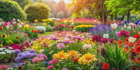 Fototapeta premium Beautiful garden filled with colorful blooming flowers, flowers, garden, nature, blooming, colorful, outdoors, plants