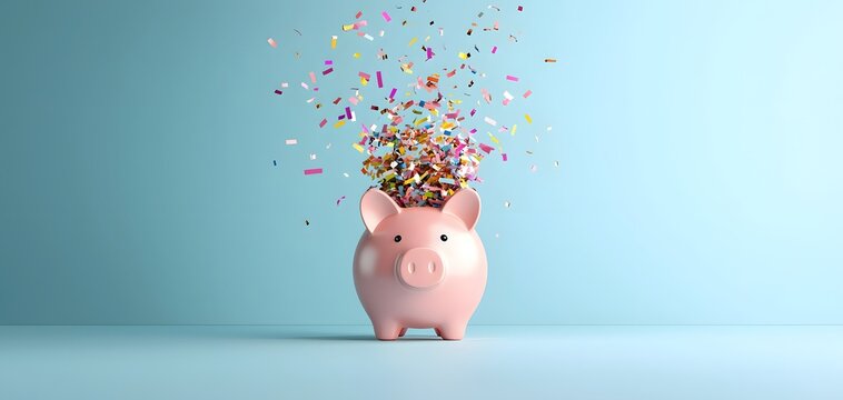 A Vibrant Celebration of Savings: Confetti Erupts from a Joyful Piggy Bank on Payday Bliss. Pay Day Concept