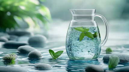 Ad template of a water filter pitcher on ripple water with stones and leaves. Hydration focus.