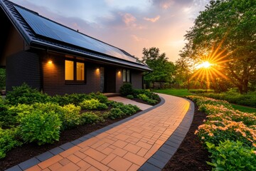 Fototapeta premium A modern house with solar panels on the roof, a well-manicured garden, and a brick walkway, with the sun setting in the background, Ideal for themes of sustainable living, eco-friendly homes