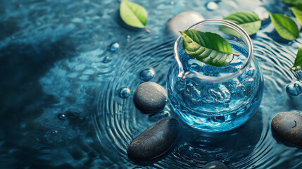 Ad template of a water filter pitcher on ripple water with stones and leaves. Hydration focus.