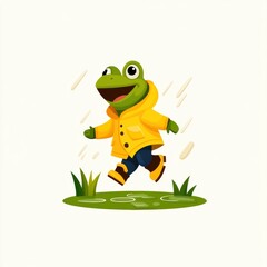 A cheerful frog in a yellow raincoat, happily jumping in a puddle amidst rain, embodying joy and playfulness in nature.