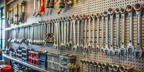 Detail of motorcycle workshop tools board with wrenches in the foreground, motorcycle, workshop, tools, board
