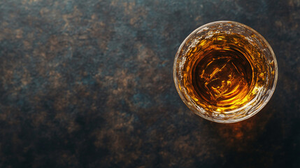 Glass of scotch whiskey, a hard alcoholic drink, with space for text, top view. 