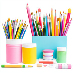 Fototapeta premium Colorful art supplies including pencils, brushes, and paints are neatly arranged in containers, showcasing vibrant array of tools for creativity and artistic expression