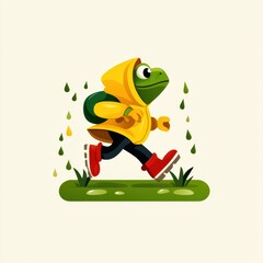 Obraz premium A cheerful turtle character in a yellow raincoat, splashing through puddles in a vibrant, playful design.