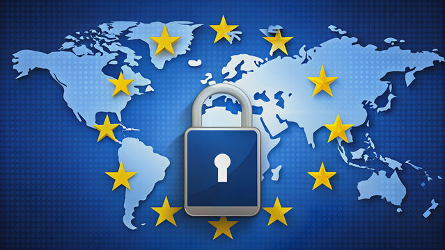 Digital security concept with padlock and EU flag inside a smartphone, along with EU map, symbols of GDPR