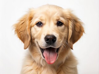 Adorable golden retriever puppy with floppy ears and a tongue-out expression gives a sly, charming wink with one