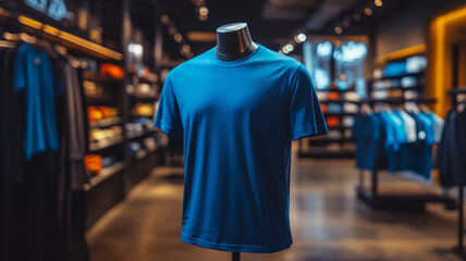 Naklejka premium A mockup of blue T-shirt on a mannequin in a store, a mockup template for a branding presentation