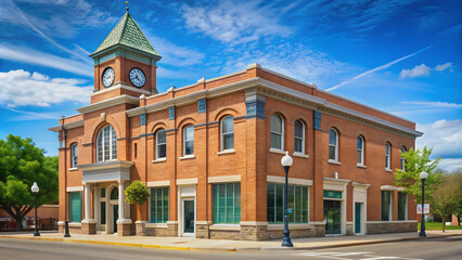 Small town bank with classic brick building and clock tower, small town, bank, brick building, clock tower