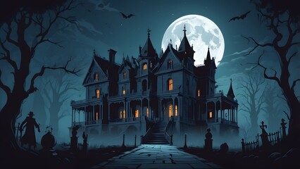 Fototapeta premium A Gothic Horror scene of a haunted mansion bathed in moonlight, with skeletal figures lurking in the shadows and a chilling atmosphere perfect for Halloween