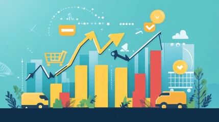 Illustration of a bar graph with upward arrows showing a successful business growth.
