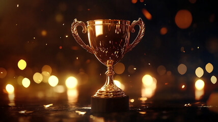 a golden trophy cup on a dark background with bokeh lights.