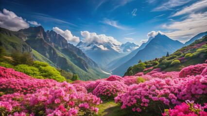 Breathtaking mountain landscape with pink flowers in full bloom, mountains, landscape, nature, pink, flowers, blooms, scenic