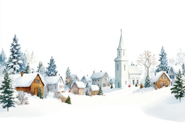 a peaceful christmas scene with a snow-covered church and a quiet village illustration