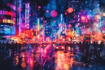 City Lights and Shadows - A Nighttime Watercolor Dream.