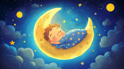 Obraz premium Kids lullaby cartoon sleeping on moon