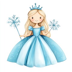Fototapeta premium Charming princess illustration in a blue gown, holding snowflake wands. Perfect for children's stories and winter-themed designs.