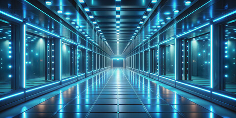 Obraz premium Futuristic digital hallway with bright blue lights creating stunning ambience , technology, modern, digital