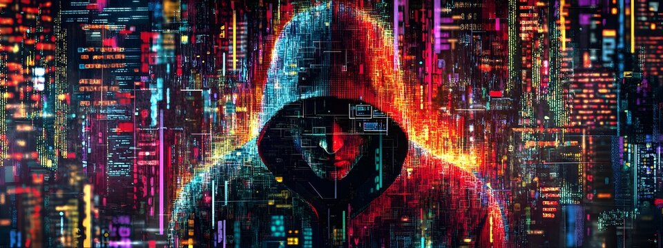 A digital collage of various computer code and data, with the face of a hacker wearing a hoodie in front of it