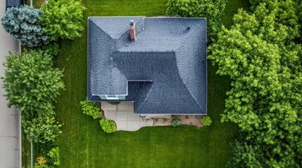 Aerial view of a house with a grey roof and green lawn.