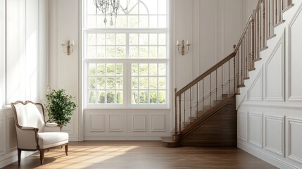 Sunlit living room with a large window, wooden staircase, and an armchair.