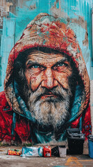 Fototapeta premium A mural highlighting importance of empathy for homeless, featuring detailed portrait of an elderly man with weathered face and intense blue eyes. vibrant colors and textures evoke strong emotional res