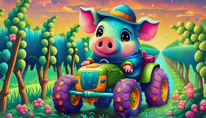 oil painting style cartoon character kids book  illustration multicolored the pig drives the tractor spraying fertilizer 