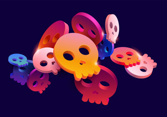 Naklejka premium Abstract halloween background. Set of color 3d skulls.