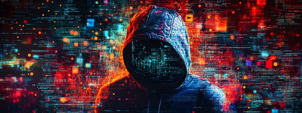 A digital collage of various computer code and data, with the face of a hacker wearing a hoodie in front of it