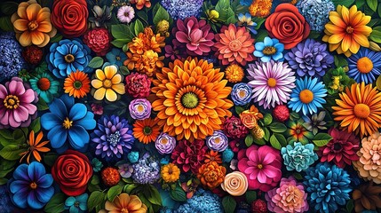 Psychedelic floral mandala featuring a burst of vibrant flowers in every color, arranged in a complex, symmetrical pattern that draws the eye to the center