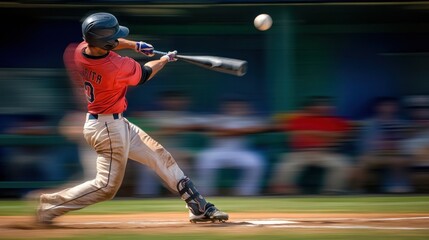 A baseball player swings at a pitch, capturing the dynamic motion of the game.