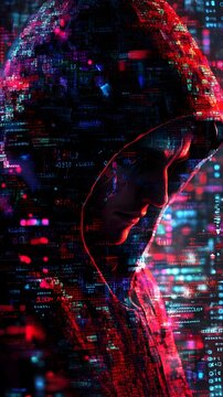 A digital collage of various computer code and data, with the face of a hacker wearing a hoodie in front of it