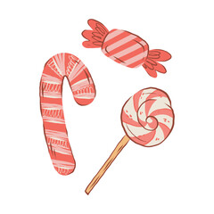 Cute Christmas Candy Cane Sweets. Retro Holiday Isolated stickers
