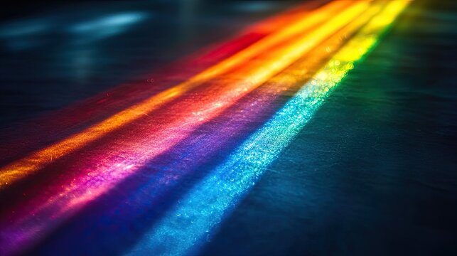 Rainbow light spectrum refraction captured as a beam of light passes through a crystal, spreading vivid colors across a dark surface