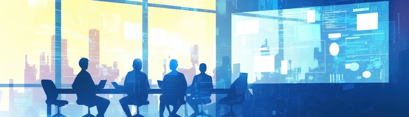 Silhouettes of Business People in a Meeting with Futuristic Digital Interface.