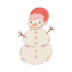 Cute Christmas Snowman with Santa hat. Retro Holiday Isolated stickers