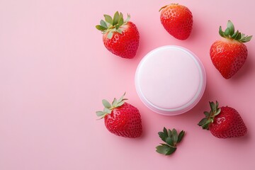 Air cushion cream product on pastel pink background. with some strawberries around the product.