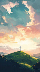 Fototapeta premium A serene landscape featuring cross on hill, bathed in soft pastel colors during sunset. scene evokes sense of peace and reflection, perfect for spiritual contemplation
