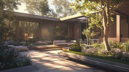 Obraz premium Modern Patio with Glass Walls and Lush Greenery