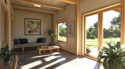 A spacious living room with wooden beams, large windows, a window seat, a coffee table, and plants.
