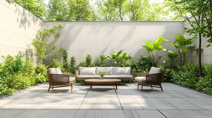 Modern Patio Furniture Surrounded by Lush Greenery