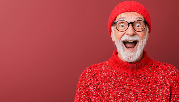 Happy elderly man in a red sweater and hat, smiling joyfully against a maroon background. Perfect for festive and cheerful themes.