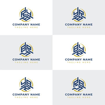 Letters YBR, YRB, BYR, BRY, RYB, RBY Hexagonal Technology Logo Set. Suitable for any business