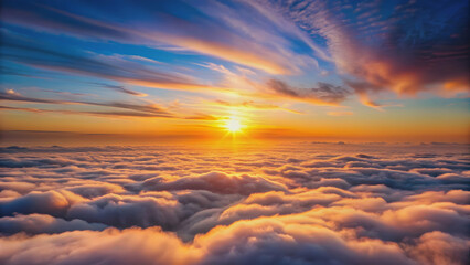 Obraz premium Amazing sunset over clouds and sea , Sunset, sky, clouds, ocean, colorful, evening, horizon, peaceful, serene, beauty