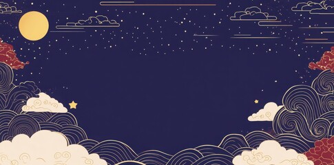 Purple background with Japanese inspired pattern and white outline. Simple flat style illustration with clean lines, large space in the center for text, a few small red flowers in the bottom right cor