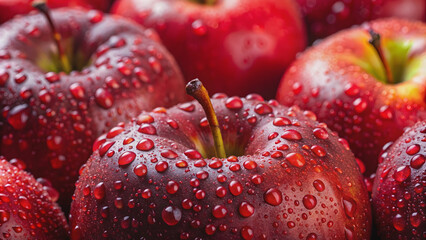 Close-up of vibrant red apples covered in glistening water droplets, fresh, fruit, healthy, organic, juicy, ripe, agriculture