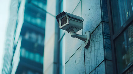 Security camera on modern building. Professional surveillance cameras. CCTV on the wall in the city. Security system, technology. Video equipment for safety system area control outdoor