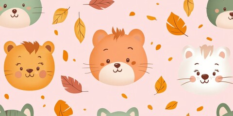 Seamless Kawaii Animal Pattern with Autumn Leaves on Pink Background