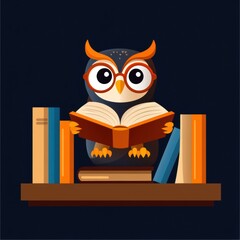 Obraz premium An adorable owl reading a book surrounded by colorful books on a dark background, perfect for educational themes.